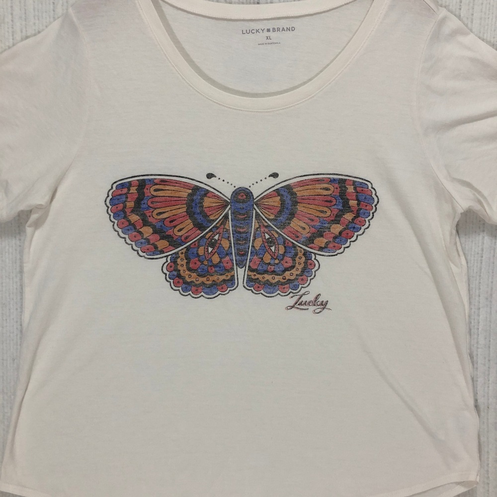 Lucky Brand Womens XL Butterfly Graphic Tee Cream White Short Sleeve Scoop Neck